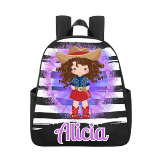 a backpack with a girl wearing a cowboy hat