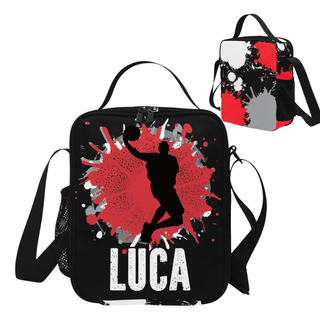 a black and red lunch bag with a basketball player on it