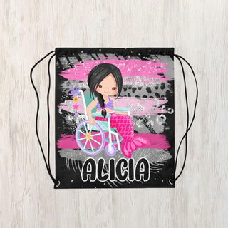 a drawsack bag with a girl on a bike