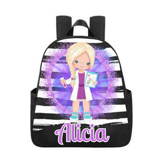 a black and white backpack with a blonde girl on it