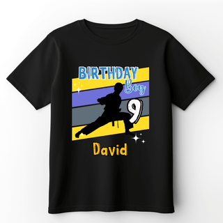 a black birthday shirt with a soccer player on it