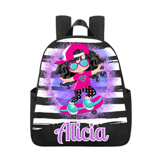 a backpack with a girl riding a skateboard