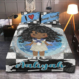 a bed with a picture of a girl on it