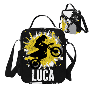 a black and yellow bag with a picture of a person on a dirt bike