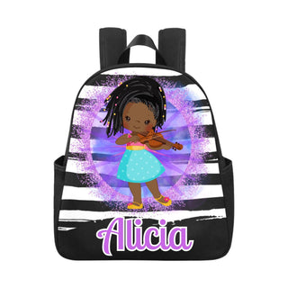 a little girl with a violin on a black and white striped backpack