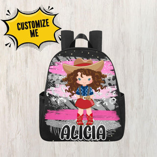 a backpack with a girl wearing a cowboy hat