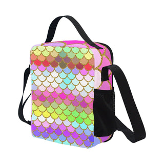 a multicolored bag with a black strap