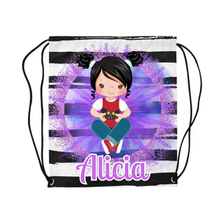 a drawsack bag with an image of a girl sitting on the ground