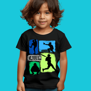 a young boy wearing a t - shirt with a picture of a baseball player