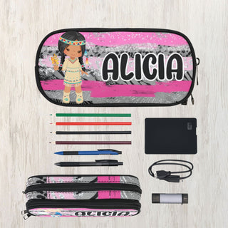 a pencil case with pencils, pens, and other items