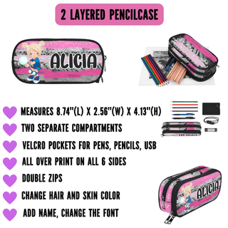 a pink pencil case with two pencils and two pencils