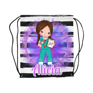 a drawsack bag with a girl holding a clipboard