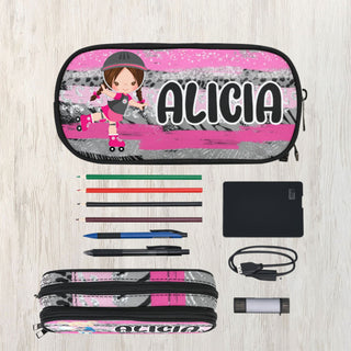 a pencil case with pencils, pens, and other items