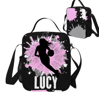 a black and pink lunch bag with a silhouette of a woman holding a basketball ball