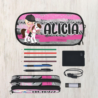 a pencil case with a horse and name on it