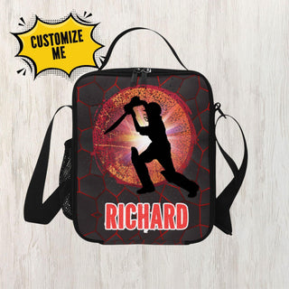 a bag with a picture of a man holding a baseball bat