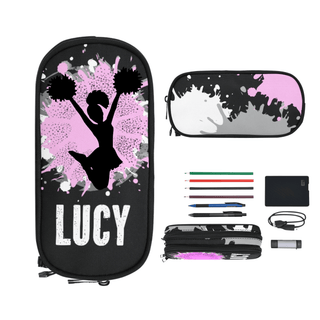 a black and pink case with a picture of a cheerleader