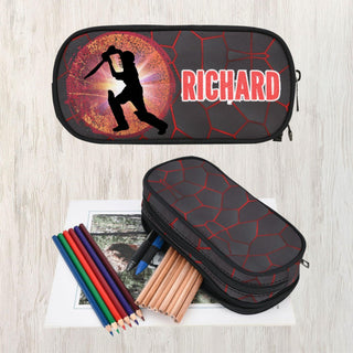 a pencil case with a picture of a man holding a baseball bat