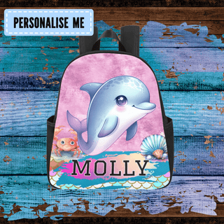 a backpack with a picture of a dolphin on it