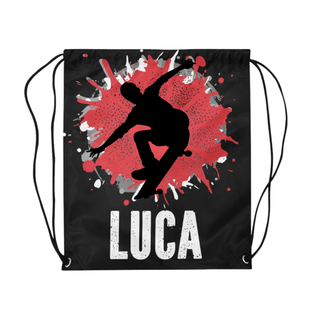 a drawsack bag with a skateboarder on it