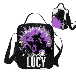 a black and purple lunch bag with a picture of a person riding a motorcycle