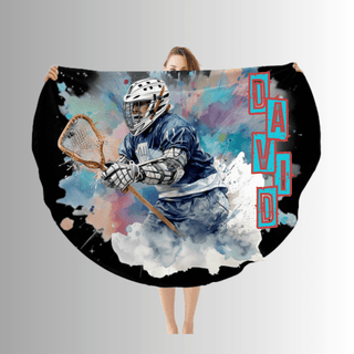 a woman holding a hockey scarf with a picture of a goalie on it