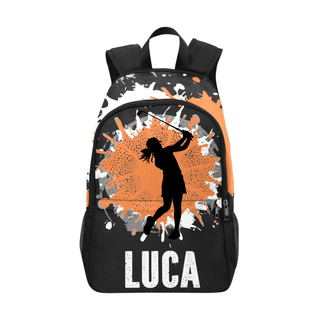 a backpack with a picture of a woman holding a baseball bat