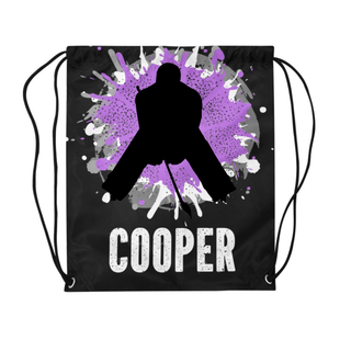 a black and purple drawsack bag with a picture of a hockey player on it