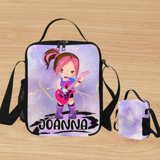 a bag with a picture of a girl playing a guitar