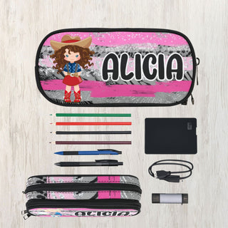 a pencil case with a picture of a girl on it