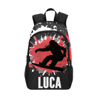 a black and red backpack with a skateboarder on it