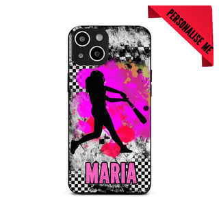 a phone case with a girl holding a baseball bat