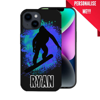 a phone case with a picture of a snowboarder on it