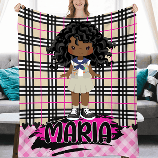 Personalized Black Camping Girl Blanket With Name