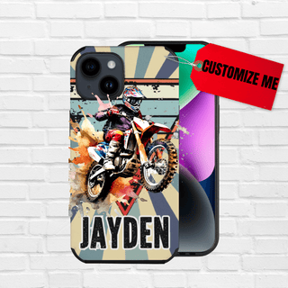 a phone case with a picture of a person on a dirt bike