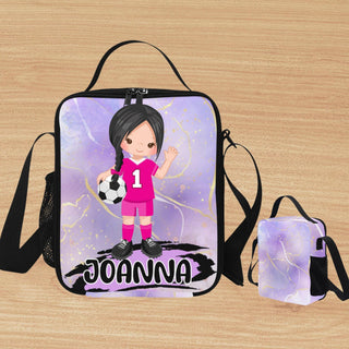 a bag with a picture of a girl holding a soccer ball