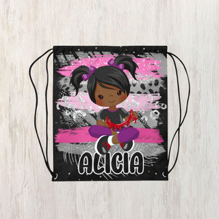 a drawsack bag with an african girl on it