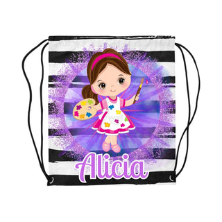 a drawsack bag with a little girl holding a doll