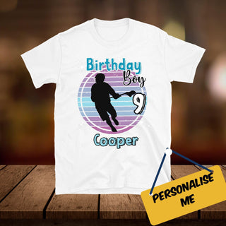 a birthday boy t - shirt with a picture of a man hitting a soccer ball