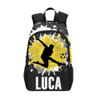 a yellow and black backpack with a picture of a person on it