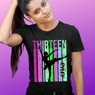 a woman wearing a black t - shirt with the word thirteen on it