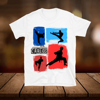 a t - shirt with a picture of a man doing karate