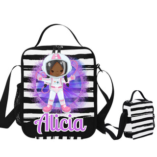 a black and white striped bag with an african american girl on it