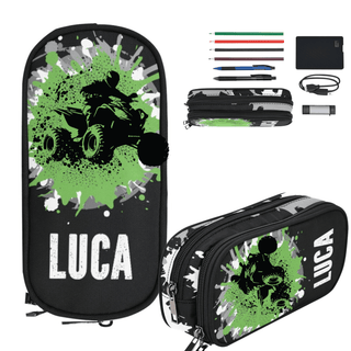 a black and green bag with a picture of a person on a motorcycle