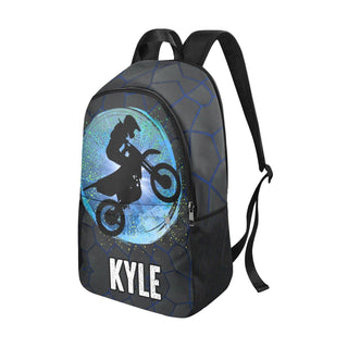 a backpack with a picture of a person on a motorcycle