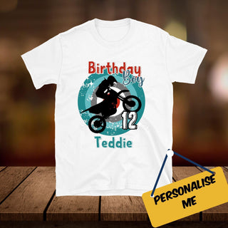 a birthday t - shirt with a picture of a person on a motorcycle