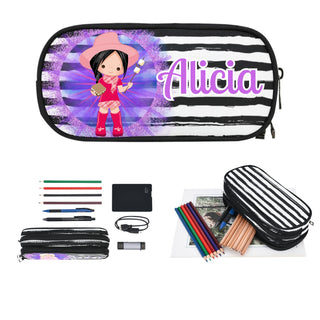 a pencil case with a picture of a girl on it