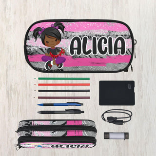 a pencil case with pencils, pens, and other items