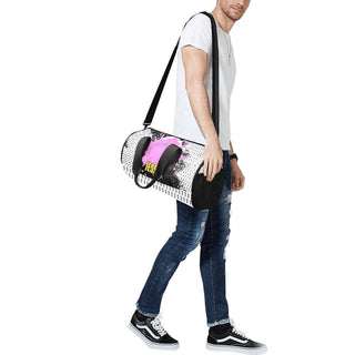 a young man carrying a duffel bag with a skateboard on it