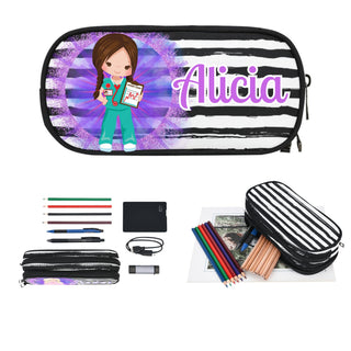 a pencil case with a girl holding a book